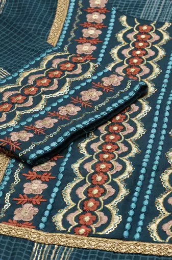 women's round neck checked foil print teal straight kurta and trouser