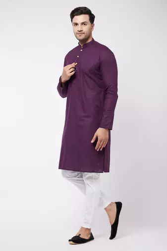 Purple And White Cotton Blend Kurta Pyjama Set