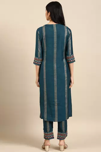 women's round neck checked foil print teal straight kurta and trouser