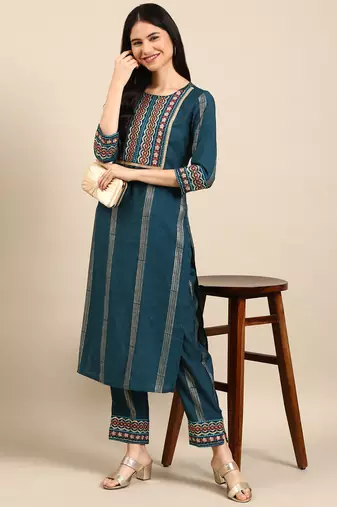 women's round neck checked foil print teal straight kurta and trouser