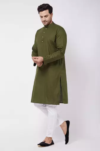 Green And White Cotton Blend Kurta Pyjama Set