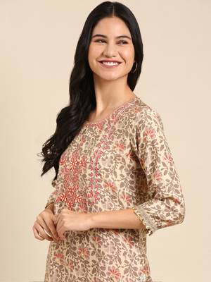 Showoff women's scoop neck floral block print beige straight kurta and trouser 1