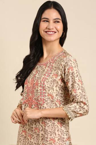 Showoff women's scoop neck floral block print beige straight kurta and trouser