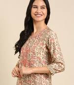 Showoff women's scoop neck floral block print beige straight kurta and trouser
