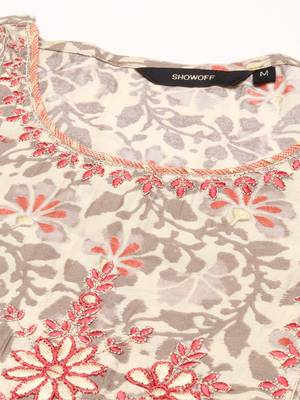 Showoff women's scoop neck floral block print beige straight kurta and trouser 2