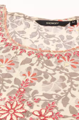 Showoff women's scoop neck floral block print beige straight kurta and trouser
