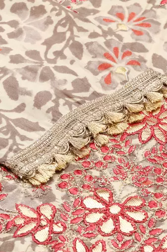 Showoff women's scoop neck floral block print beige straight kurta and trouser
