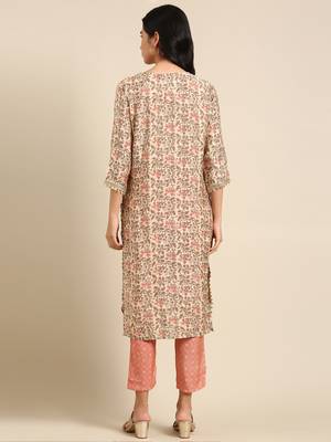 Showoff women's scoop neck floral block print beige straight kurta and trouser 4