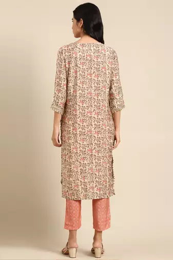Showoff women's scoop neck floral block print beige straight kurta and trouser