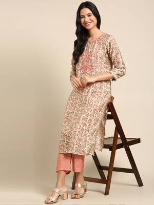 Showoff women's scoop neck floral block print beige straight kurta and trouser 5