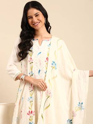 Showoff women's round neck floral cream anarkali kurta and trouser with dupatta 1
