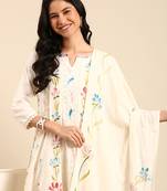 Showoff women's round neck floral cream anarkali kurta and trouser with dupatta
