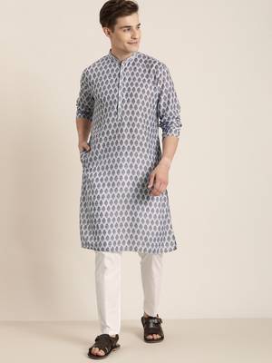 Grey And White Cotton Blend Kurta Pyjama Set 1