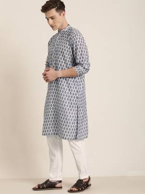 Grey And White Cotton Blend Kurta Pyjama Set 2
