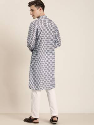 Grey And White Cotton Blend Kurta Pyjama Set 3