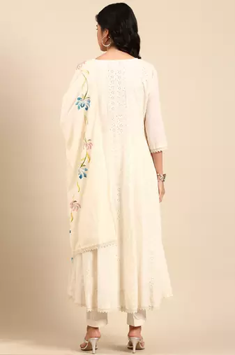 Showoff women's round neck floral cream anarkali kurta and trouser with dupatta