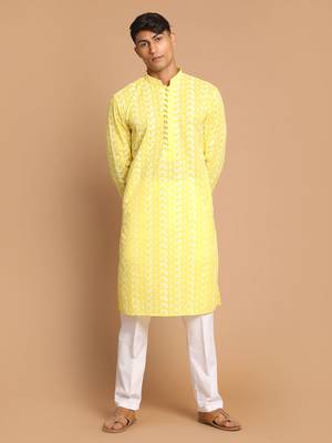 Mustard And White Pure Cotton Kurta Pyjama Set 1