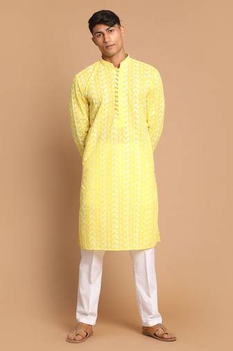 Men'S Mustard And White Pure Cotton Kurta Pyjama Set