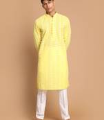 Mustard And White Pure Cotton Kurta Pyjama Set