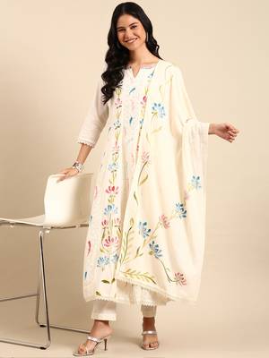 Showoff women's round neck floral cream anarkali kurta and trouser with dupatta 5