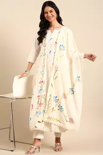 Showoff women's round neck floral cream anarkali kurta and trouser with dupatta