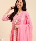 women's keyhole neck chevron pink anarkali kurta and trouser with dupatta