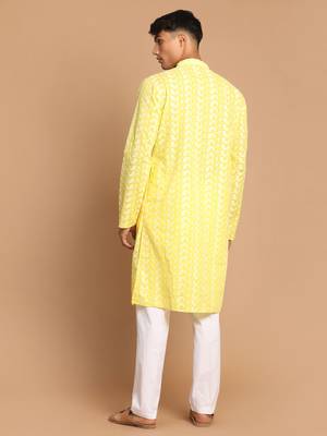 Mustard And White Pure Cotton Kurta Pyjama Set 3
