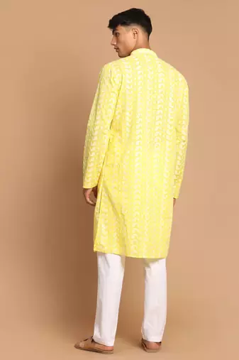 Mustard And White Pure Cotton Kurta Pyjama Set