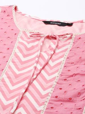 women's keyhole neck chevron pink anarkali kurta and trouser with dupatta 2