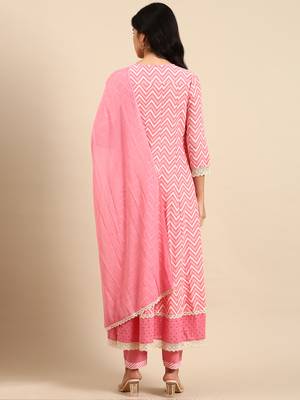 women's keyhole neck chevron pink anarkali kurta and trouser with dupatta 4