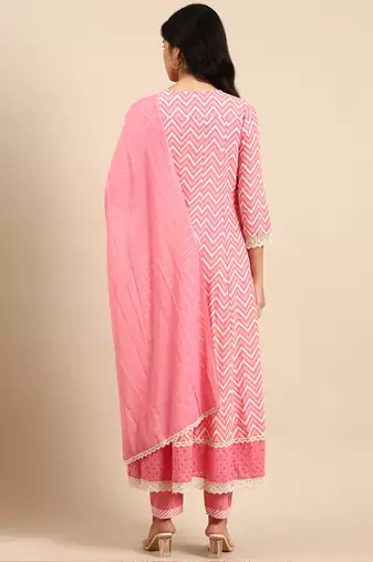 women's keyhole neck chevron pink anarkali kurta and trouser with dupatta