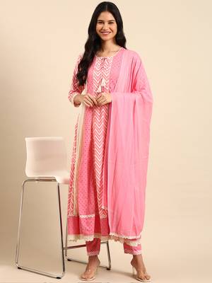 women's keyhole neck chevron pink anarkali kurta and trouser with dupatta 5