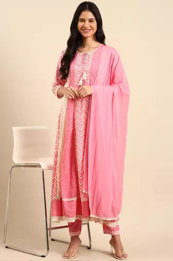 women's keyhole neck chevron pink anarkali kurta and trouser with dupatta