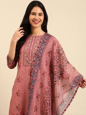 women's round neck floral mauve straight kurta and trouser with dupatta 1