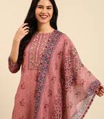 women's round neck floral mauve straight kurta and trouser with dupatta