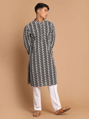 Black And White Pure Cotton Kurta Pyjama Set 1