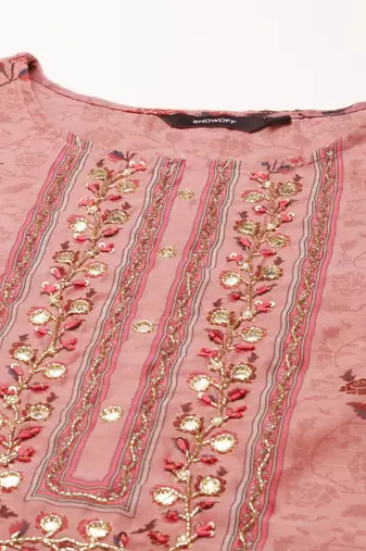 women's round neck floral mauve straight kurta and trouser with dupatta