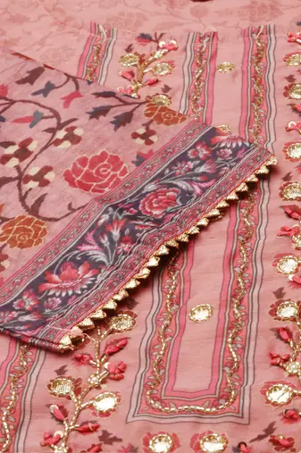 women's round neck floral mauve straight kurta and trouser with dupatta