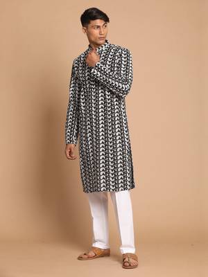 Black And White Pure Cotton Kurta Pyjama Set 2