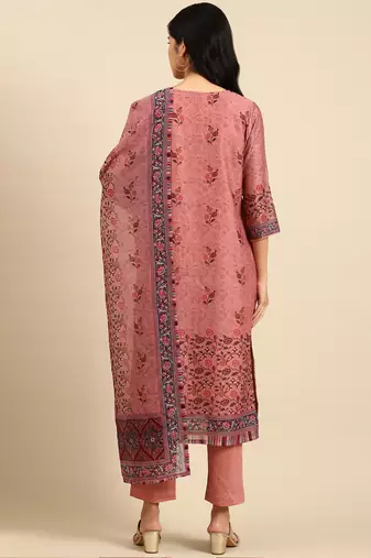 women's round neck floral mauve straight kurta and trouser with dupatta