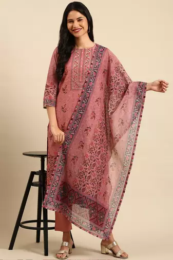 women's round neck floral mauve straight kurta and trouser with dupatta