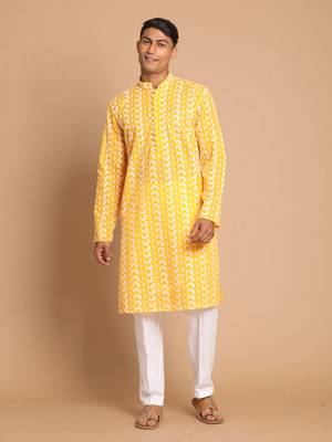 Orange And White Pure Cotton Kurta Pyjama Set 1
