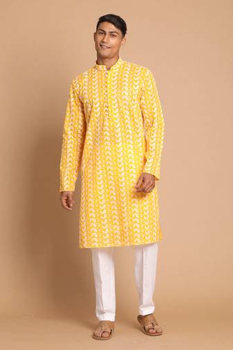 Men'S Orange And White Pure Cotton Kurta Pyjama Set