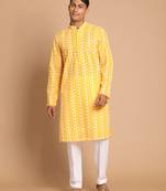 Orange And White Pure Cotton Kurta Pyjama Set