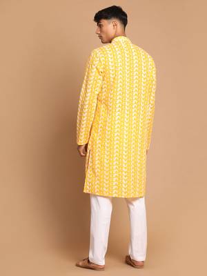 Orange And White Pure Cotton Kurta Pyjama Set 3