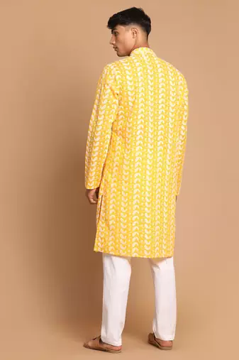 Orange And White Pure Cotton Kurta Pyjama Set
