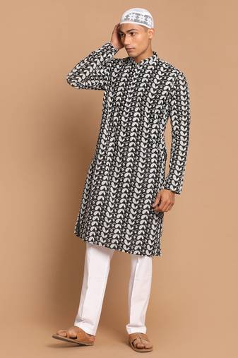 Men'S Black And White Pure Cotton Kurta Pyjama Set