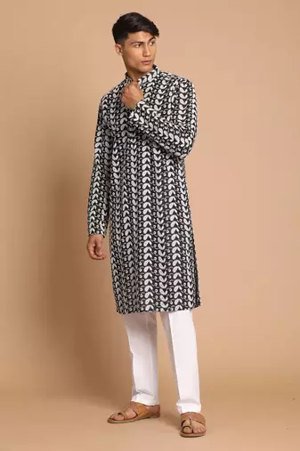 Black And White Pure Cotton Kurta Pyjama Set