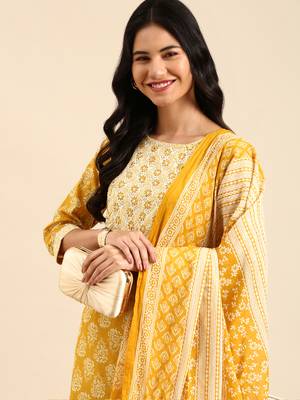 Showoff women's round neck ethnic motifs block print mustard straight kurta and trouser with dupatta 1