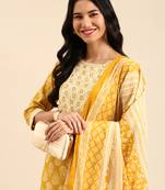 Showoff women's round neck ethnic motifs block print mustard straight kurta and trouser with dupatta
